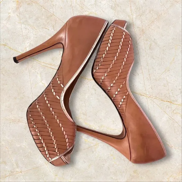 $325 Cole Haan Eve Air Hi OT peep toe Pumps beige/penny mirror Size 10B Shoes