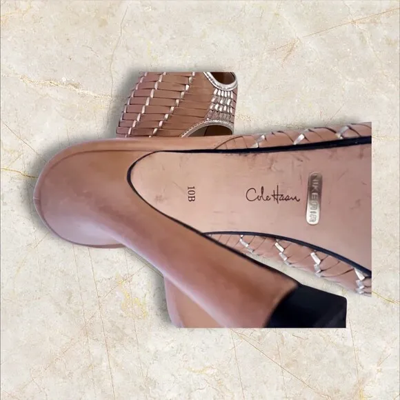 $325 Cole Haan Eve Air Hi OT peep toe Pumps beige/penny mirror Size 10B Shoes