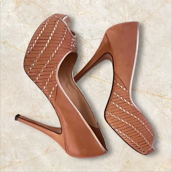$325 Cole Haan Eve Air Hi OT peep toe Pumps beige/penny mirror Size 10B Shoes