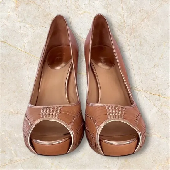 $325 Cole Haan Eve Air Hi OT peep toe Pumps beige/penny mirror Size 10B Shoes