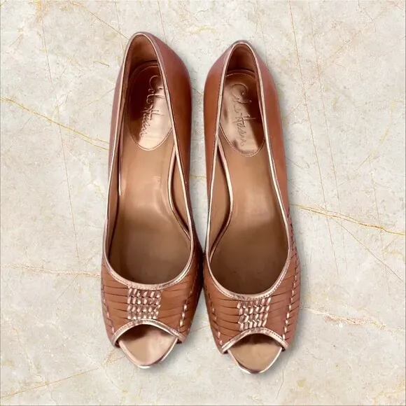 $325 Cole Haan Eve Air Hi OT peep toe Pumps beige/penny mirror Size 10B Shoes