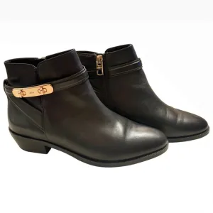 $345 COACH Coleen Sft Shine Black Leather Booties Ankle Boots Gold Turnlock 6.5