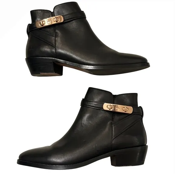 $345 COACH Coleen Sft Shine Black Leather Booties Ankle Boots Gold Turnlock 6.5