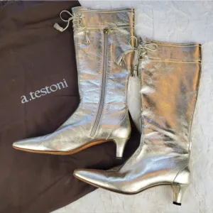 a. testoni Italian Leather Boots, Champagne Metallic, size 37.5 (US 7.5)