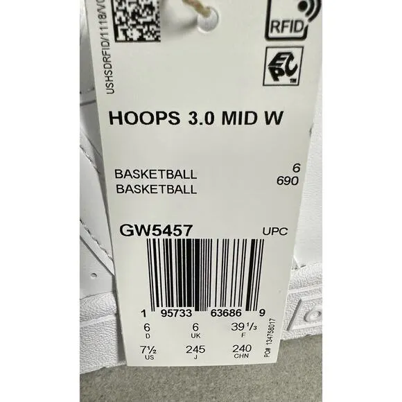 ADIDAS GW5457 HOOPS 3.0 MID CLASSIC SHOES Womens Size 7.5 New