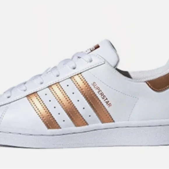 adidas Superstar White and Gold Athletic Shoes