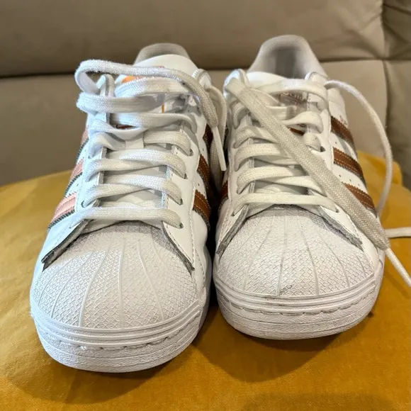 adidas Superstar White and Gold Athletic Shoes