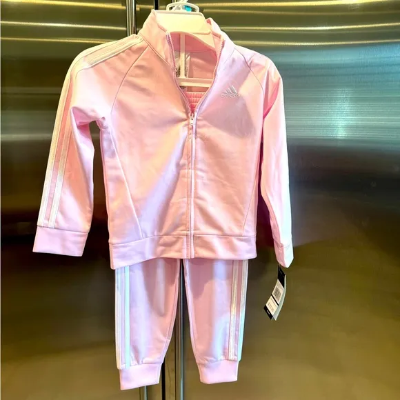 ADORABLE pink ADIDAS sweat suit w/ classic white stripes!Keep her looking cute💕