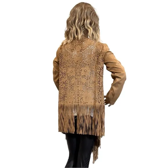 Adore Faux Suede Laser Cut Fringe Jacket SZ S $89