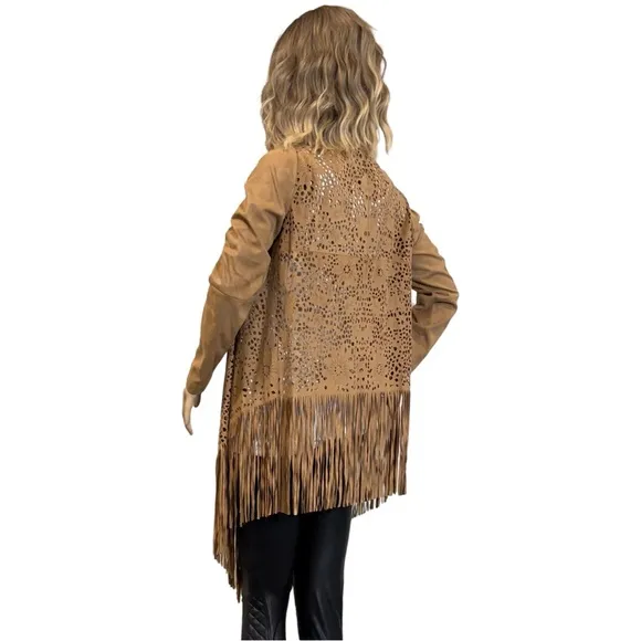 Adore Faux Suede Laser Cut Fringe Jacket SZ S $89