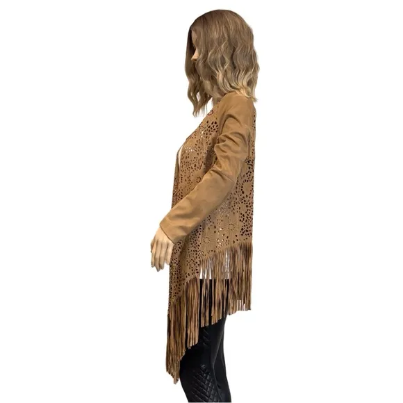 Adore Faux Suede Laser Cut Fringe Jacket SZ S $89