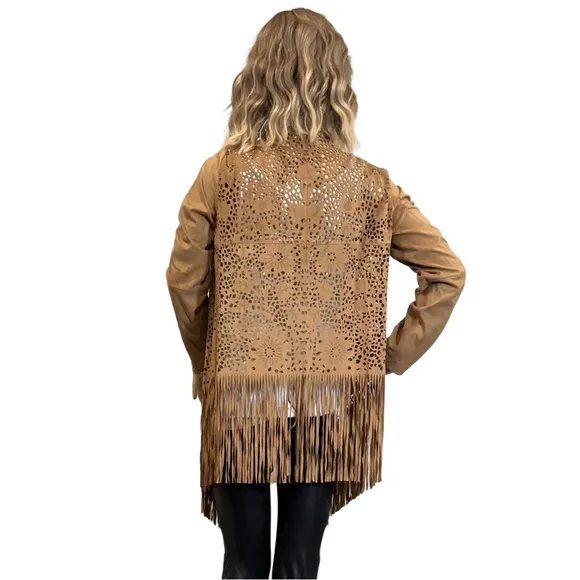 Adore Faux Suede Laser Cut Fringe Jacket SZ S $89