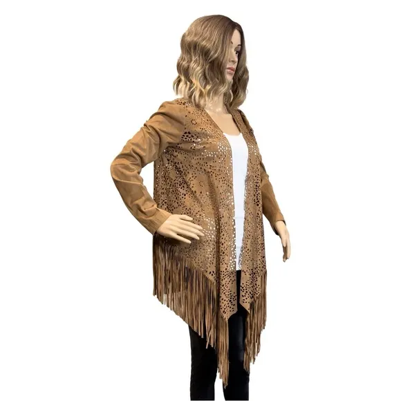 Adore Faux Suede Laser Cut Fringe Jacket SZ S $89