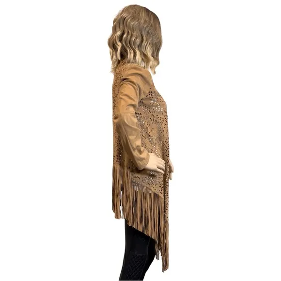 Adore Faux Suede Laser Cut Fringe Jacket SZ S $89
