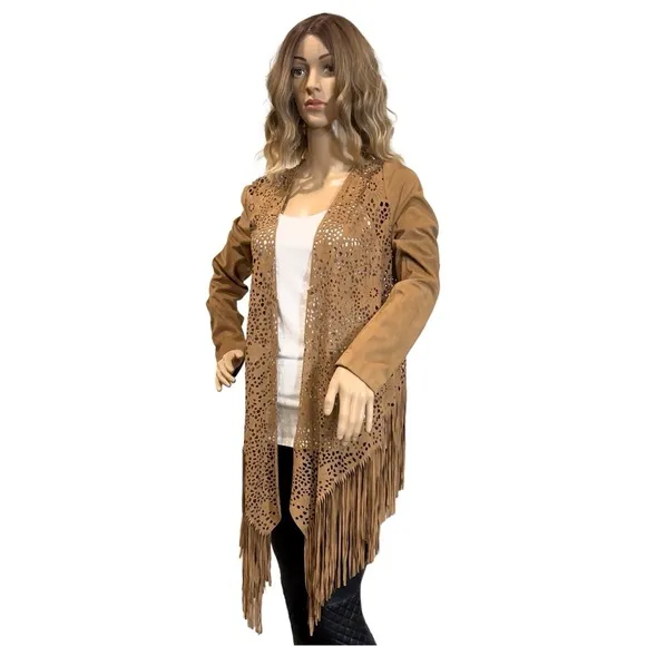 Adore Faux Suede Laser Cut Fringe Jacket SZ S $89