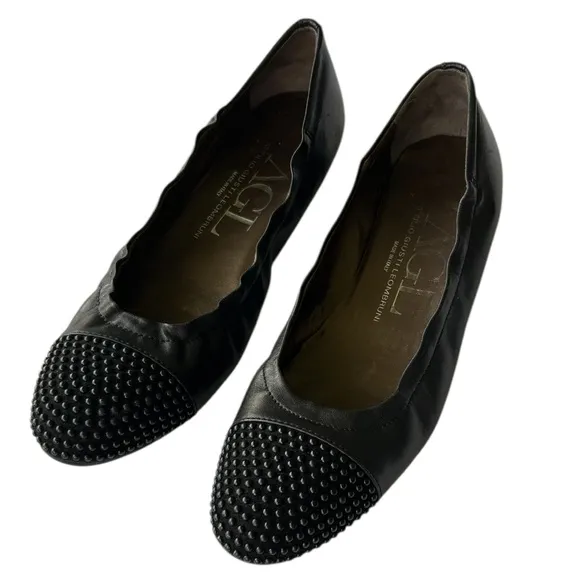 AGL Blakley Black Studded Women's Cap Toe Flats Excellent Italy Size 42 / 11.5