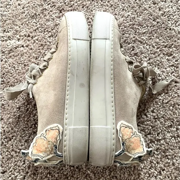 AGL Leombruni Lace Up Sneakers Embroidered Floral Sequin Suede 925090 Beige 38