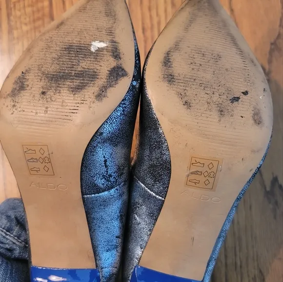 Aldo Black Cracked Genuine Leather Pointed Toe Blue Heels Shoes Stilletos