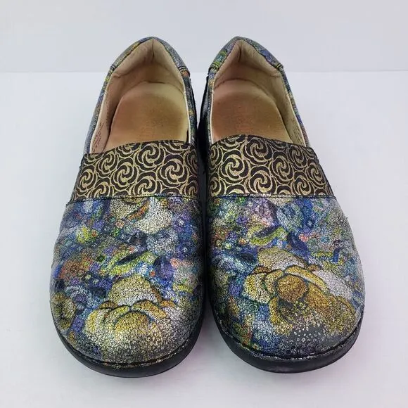 Alegria Glee Gypsy Rose Womens Sz 8-8.5 Floral Metallic Multi Leather Clog Shoes