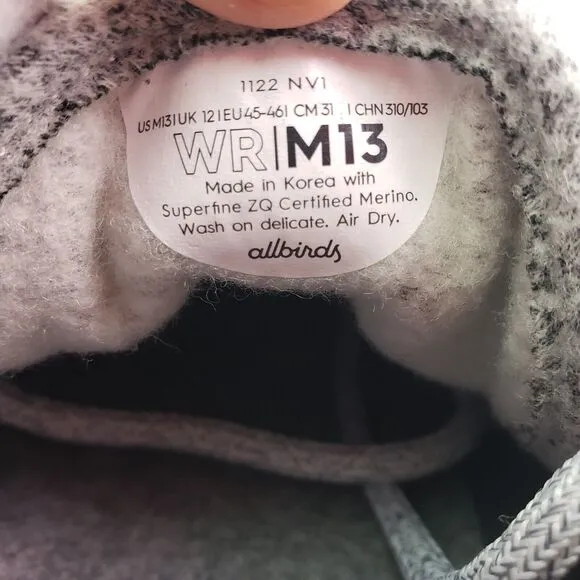 Allbirds Wool Runner RAGA Logo Mens Size 13 Gray Lace Up Casual Sneaker Shoes