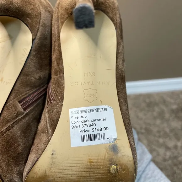 Ann Taylor Sloan Fringe Suede Peeptoe Heels Dark Caramel Women’s 6.5M