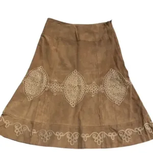 Ann Taylor Vintage suede midi skirt tan embroidered details nicely lined size 4