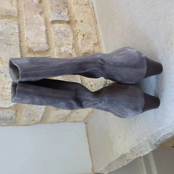ANTHRO I Embroidered Grey Slouch Suede Kitten Heel Ankle Boots by Silent D, 6
