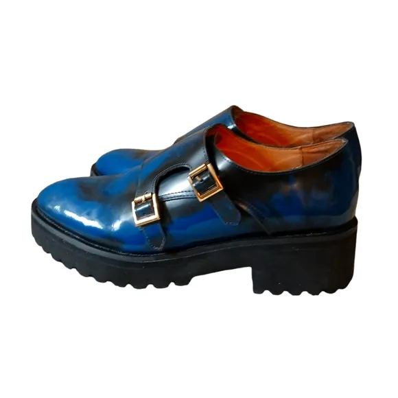 Anthropologie   All Black Lug Monk Lug Sole Loafers Buckled Shoes Women's 9.5