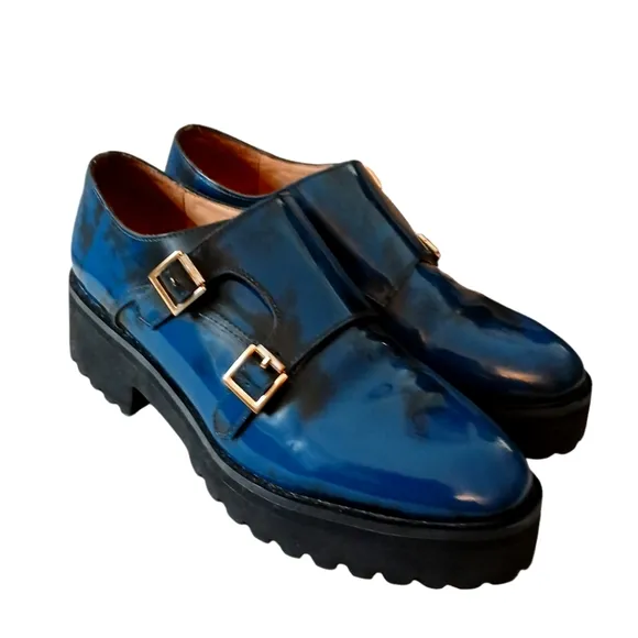 Anthropologie   All Black Lug Monk Lug Sole Loafers Buckled Shoes Women's 9.5