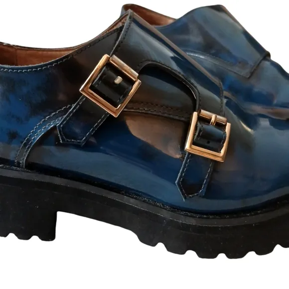 Anthropologie   All Black Lug Monk Lug Sole Loafers Buckled Shoes Women's 9.5
