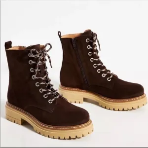 ANTHROPOLOGIE Suede Lace Up Hiker Boots Heel Shoes Crafted Soft Size 37 NWT