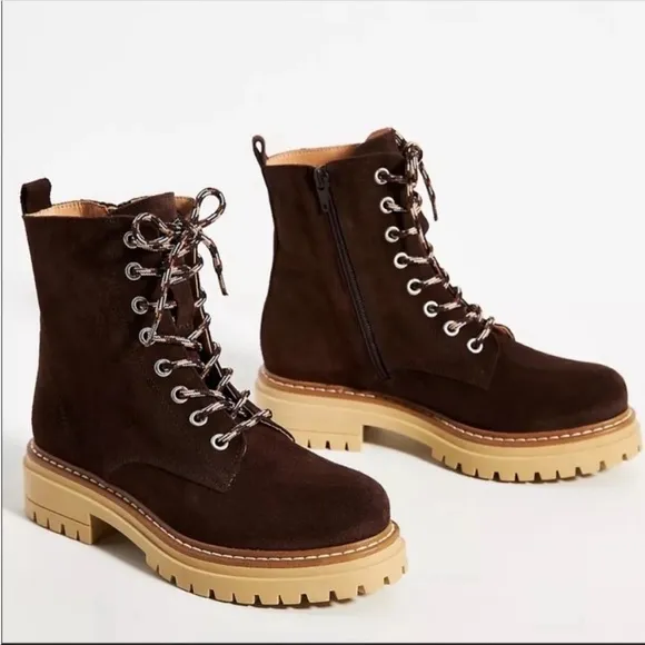 ANTHROPOLOGIE Suede Lace Up Hiker Boots Heel Shoes Crafted Soft Size 37 NWT