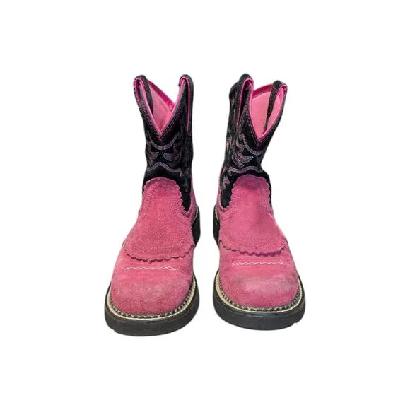 Ariat Fatbaby Suede Cowboy Boots Pink Black Womens 7.5 Western Cowgirl Rodeo