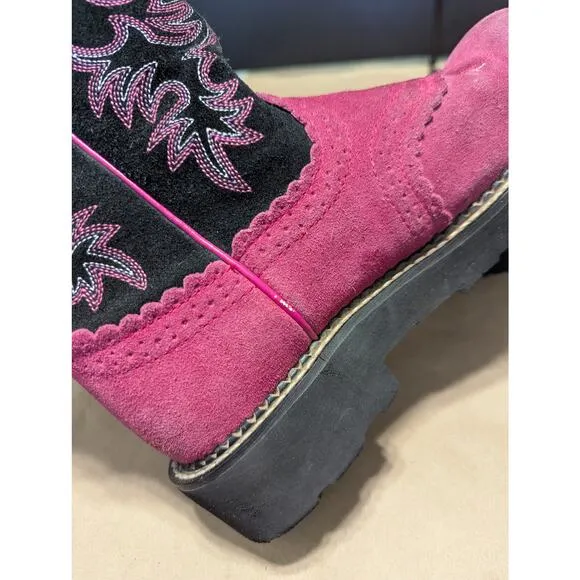 Ariat Fatbaby Suede Cowboy Boots Pink Black Womens 7.5 Western Cowgirl Rodeo