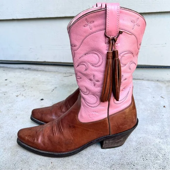 Ariat Pink &amp; Brown Leather Cowboy Boots Western Tassel Cowgirl Women's Size 10
