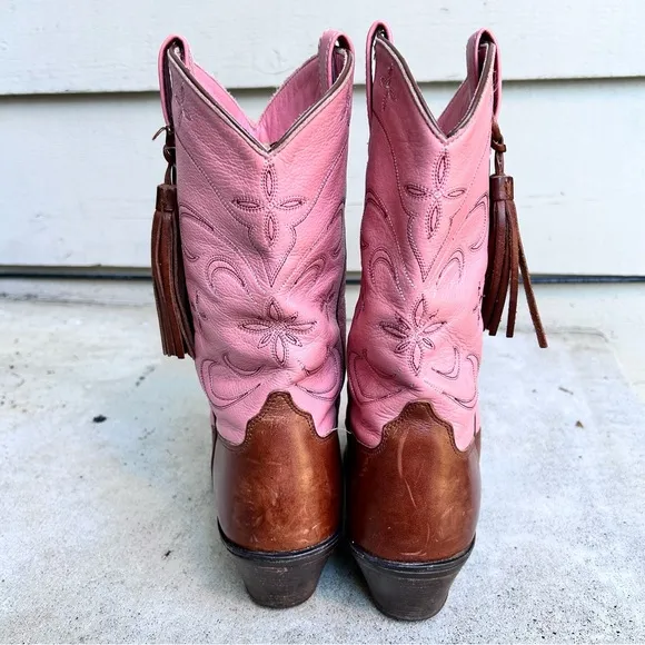 Ariat Pink &amp; Brown Leather Cowboy Boots Western Tassel Cowgirl Women's Size 10