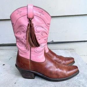 Ariat Pink &amp; Brown Leather Cowboy Boots Western Tassel Cowgirl Women's Size 10