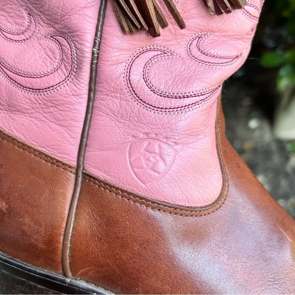 Ariat Pink &amp; Brown Leather Cowboy Boots Western Tassel Cowgirl Women's Size 10