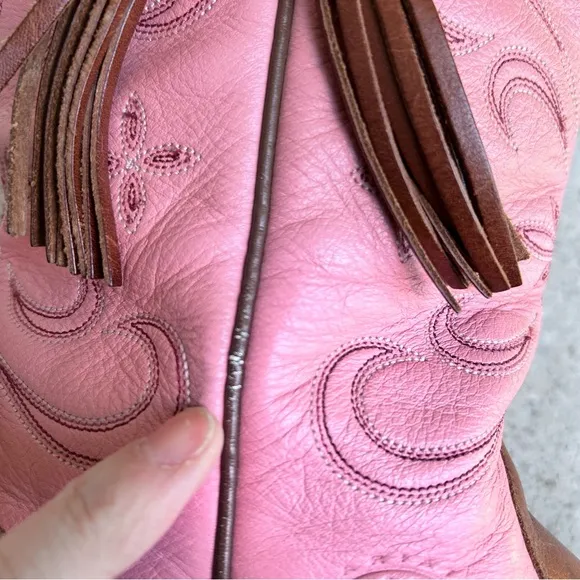 Ariat Pink &amp; Brown Leather Cowboy Boots Western Tassel Cowgirl Women's Size 10