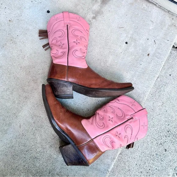 Ariat Pink &amp; Brown Leather Cowboy Boots Western Tassel Cowgirl Women's Size 10