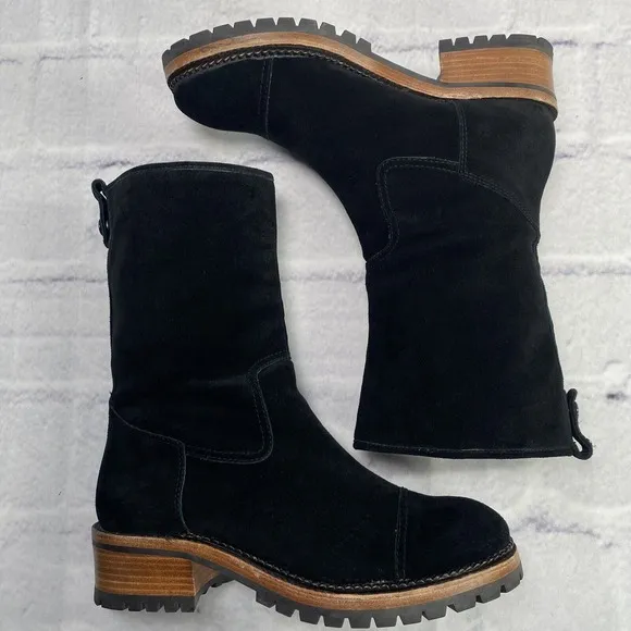 ASH Black Biker Boots Size 39 US 8 Deerskin Suede Lug Sole Pull On