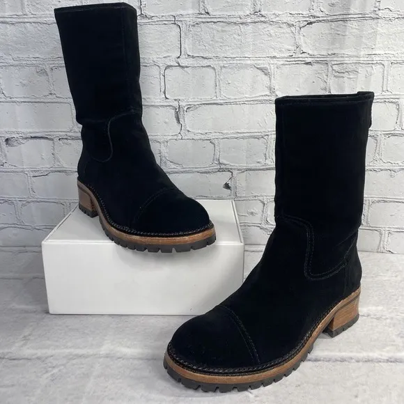 ASH Black Biker Boots Size 39 US 8 Deerskin Suede Lug Sole Pull On
