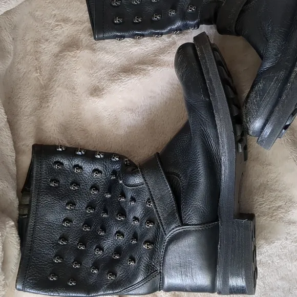 Ash Black Leather Skull Studded Boots Size 41