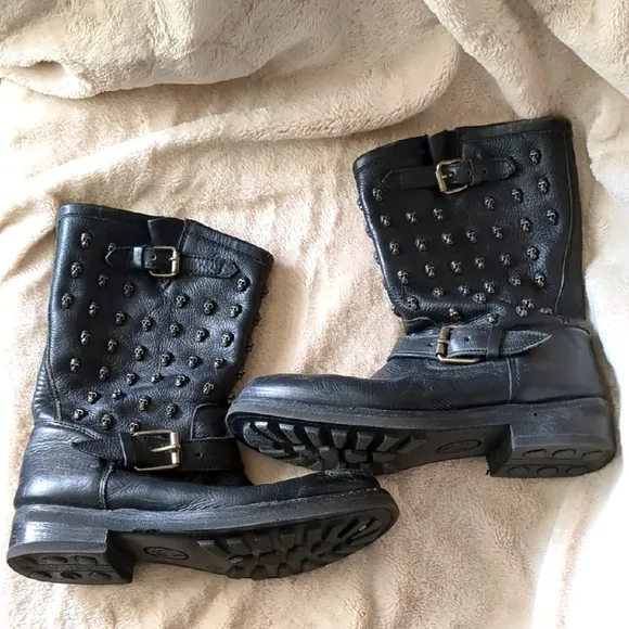 Ash Black Leather Skull Studded Boots Size 41