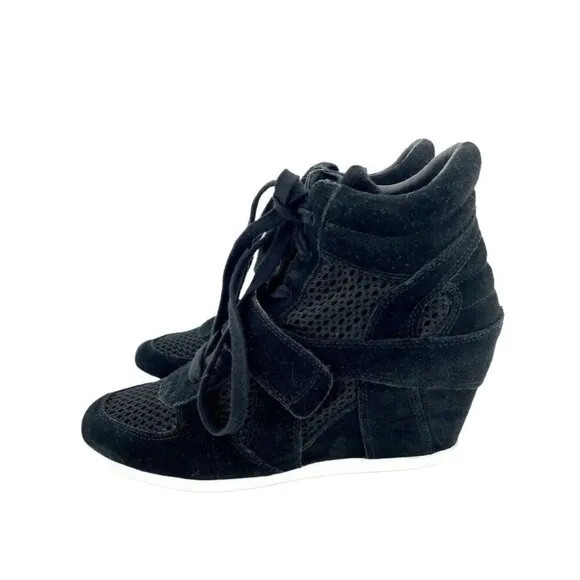 Ash Bowie Black Suede Leather Perforated Mesh Wedge Sneakers SZ 38 EU