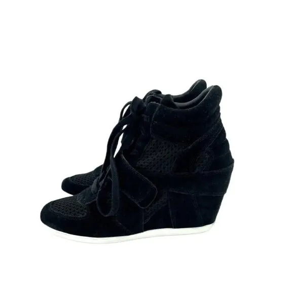 Ash Bowie Black Suede Leather Perforated Mesh Wedge Sneakers SZ 38 EU