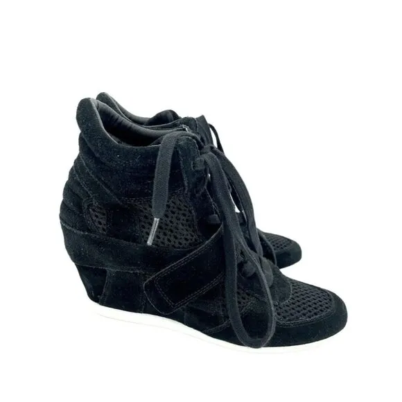 Ash Bowie Black Suede Leather Perforated Mesh Wedge Sneakers SZ 38 EU