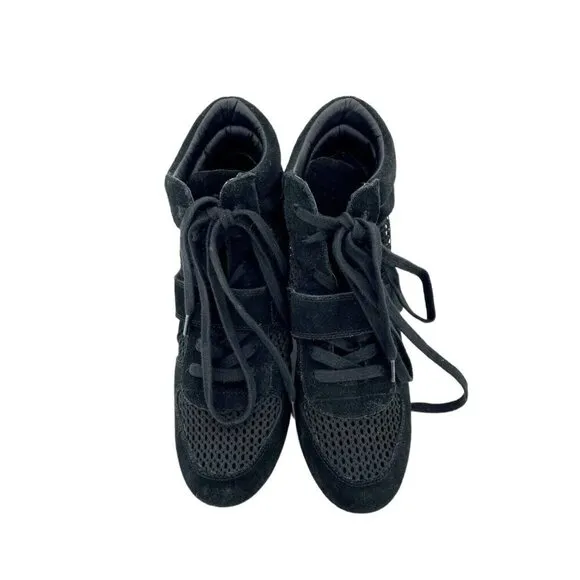 Ash Bowie Black Suede Leather Perforated Mesh Wedge Sneakers SZ 38 EU