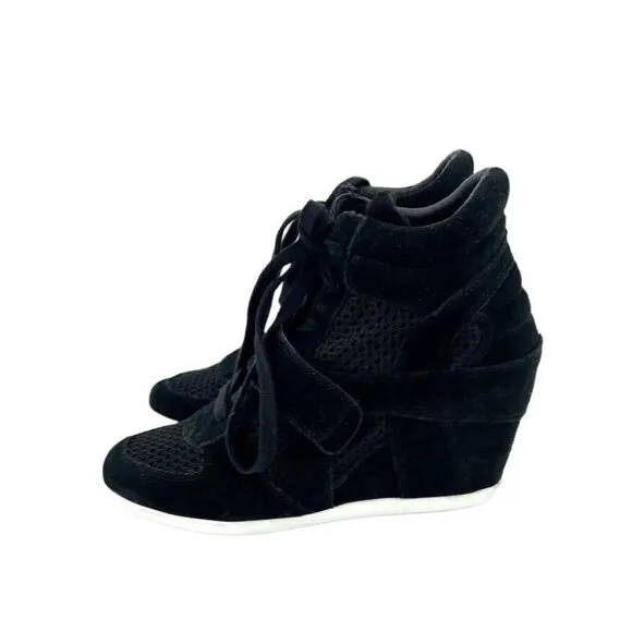 Ash Bowie Black Suede Leather Perforated Mesh Wedge Sneakers SZ 38 EU