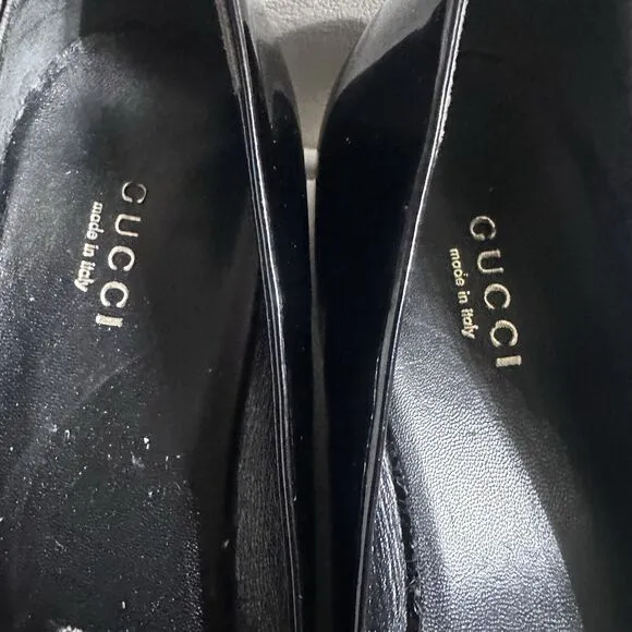 Authentic GUCCI Black Embellished Patent Leather Block Heels Shoes Sz 37 EUC